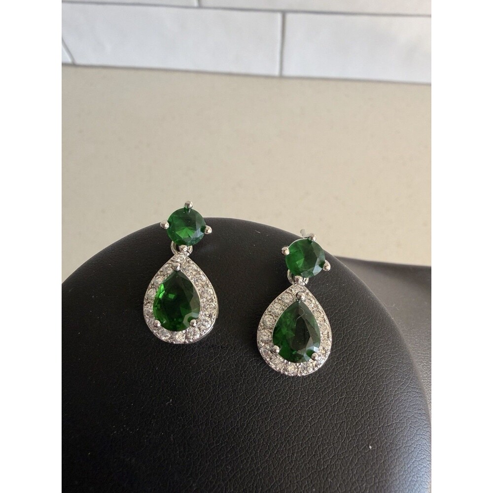 925 Sterling Silver Green Teardrop CZ Dangle Drop Earrings Emerald